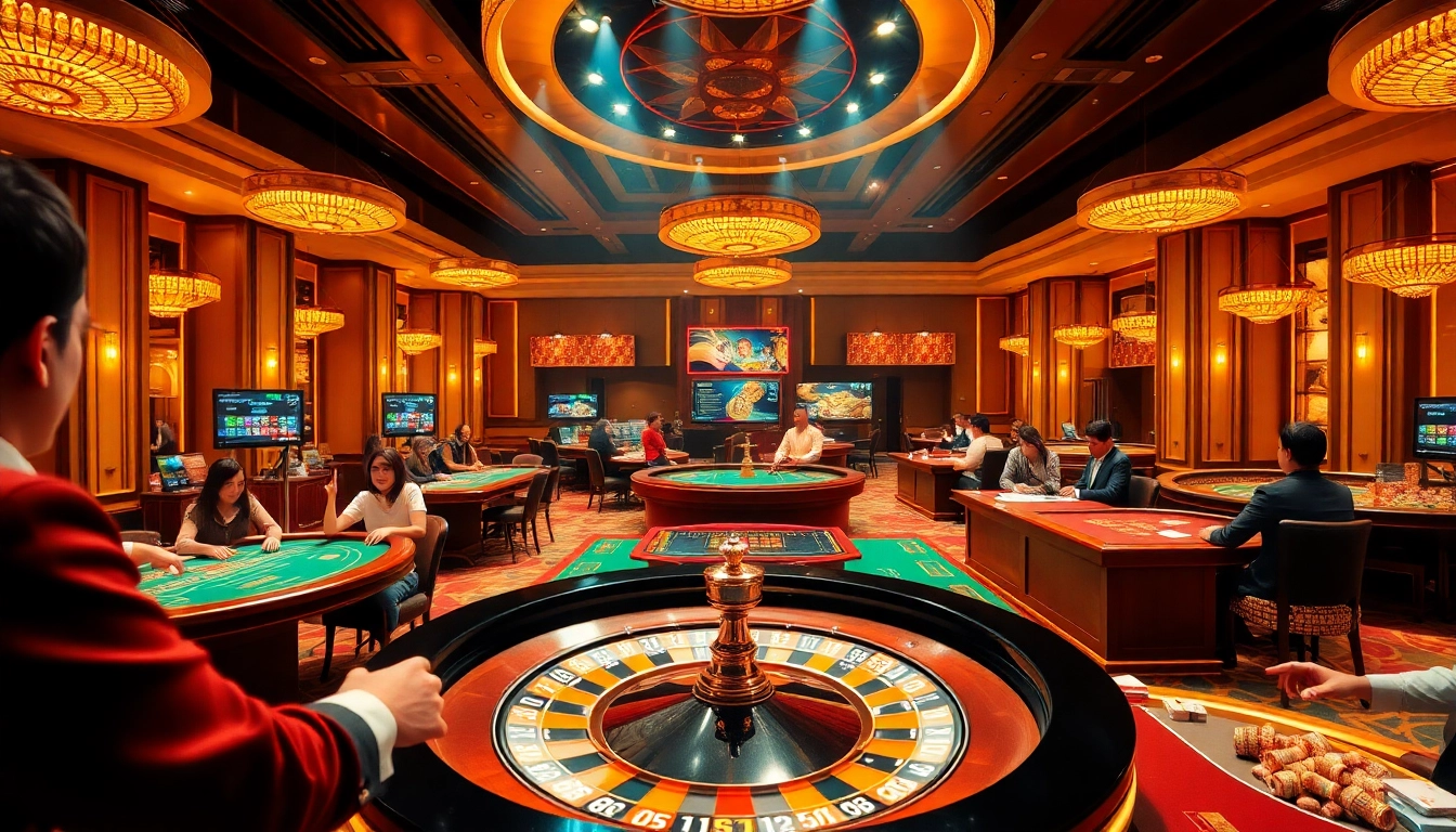 Exciting casino scene featuring vibrant players at tables and the keyword https://az888vn.net/ integrating online betting.