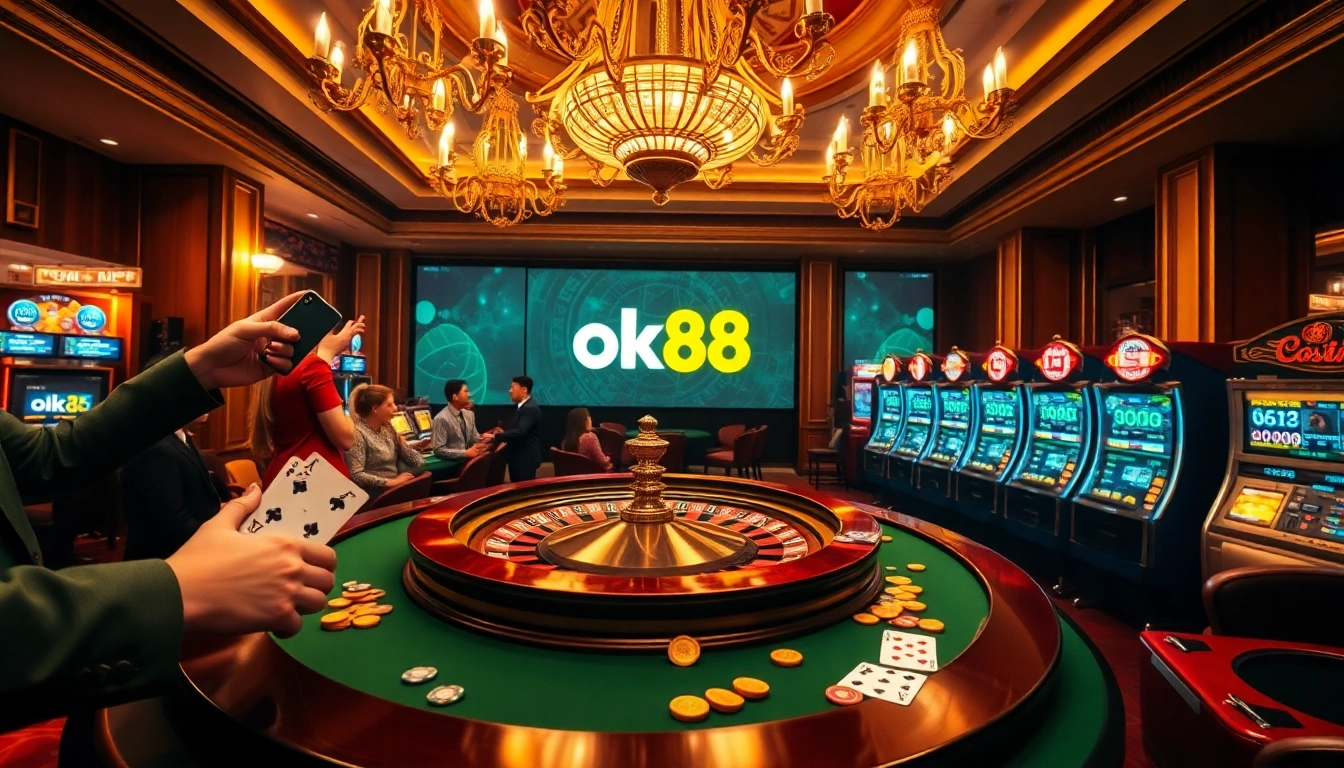 Experience the excitement of a rich casino setting with players around the table at https://ok88vn.net/.